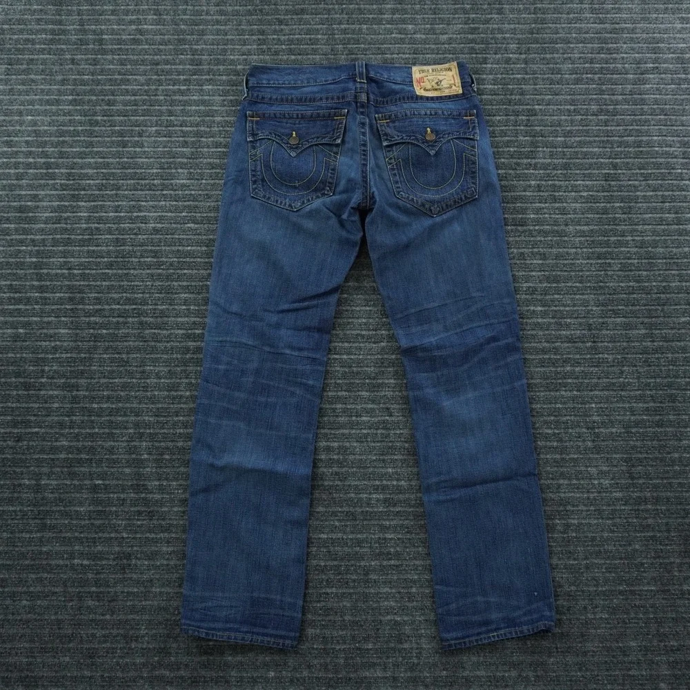 True Religion Billy Jeans Mens 34 Blue Distressed Ripped Straight Leg USA Made
